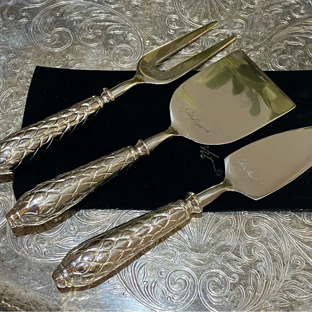 Vintage Julia Knight 3 Piece Cheese Serving Set Silver Florentine Charcuterie
